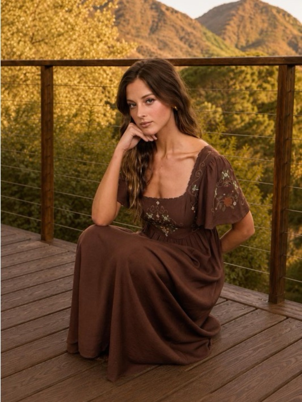 New Brown Embroidered Square-Neck Midi Dress - Picture 2 of 12
